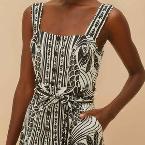 Farm Rio Monochrome Elegance Scarf Print Belted Linen Blend Romper